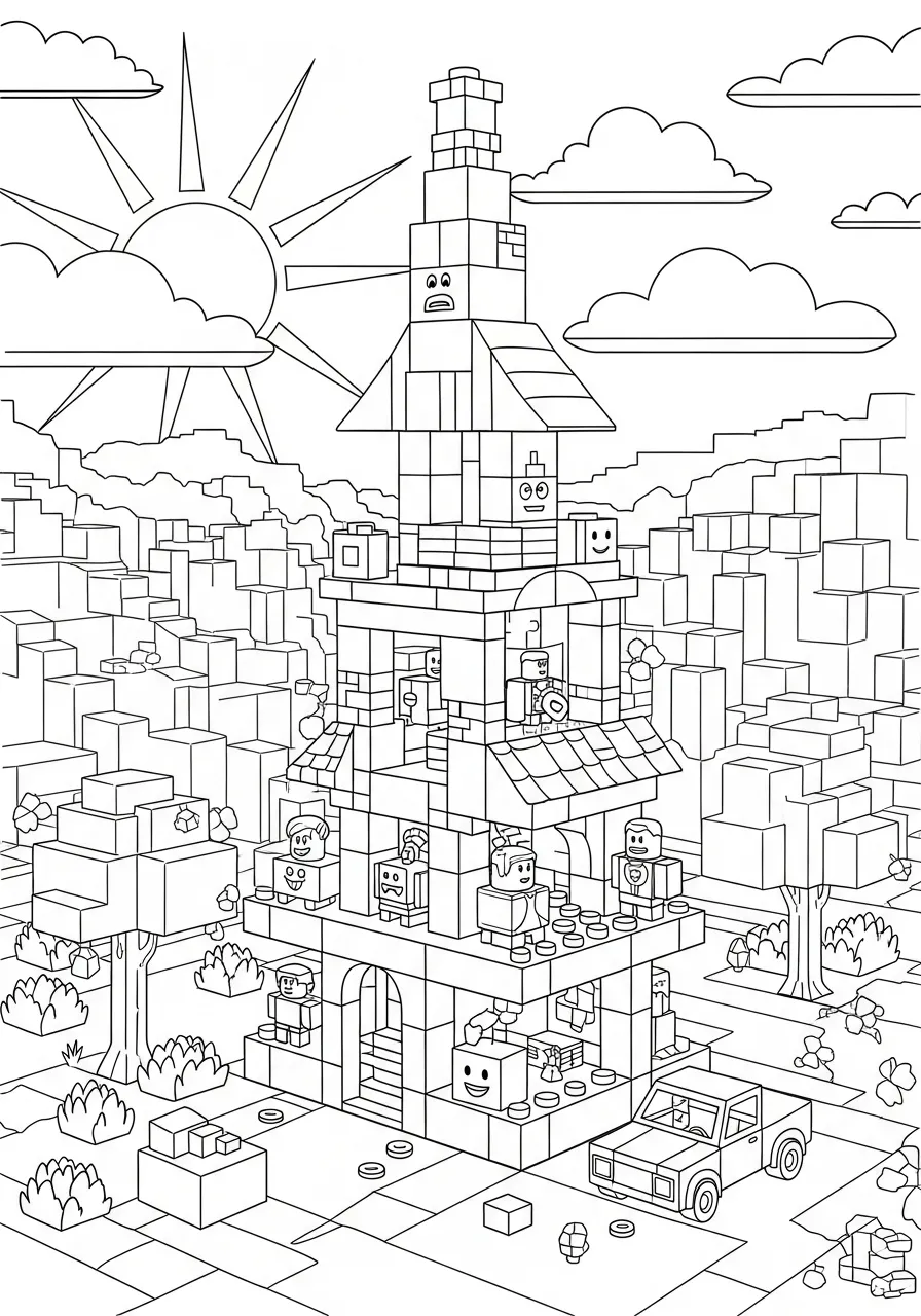 Desenho para colorir de uma casa feita de blocos no estilo Roblox