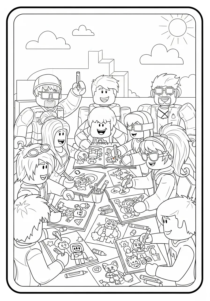 Desenho para colorir de personagens de Roblox se divertindo em uma mesa