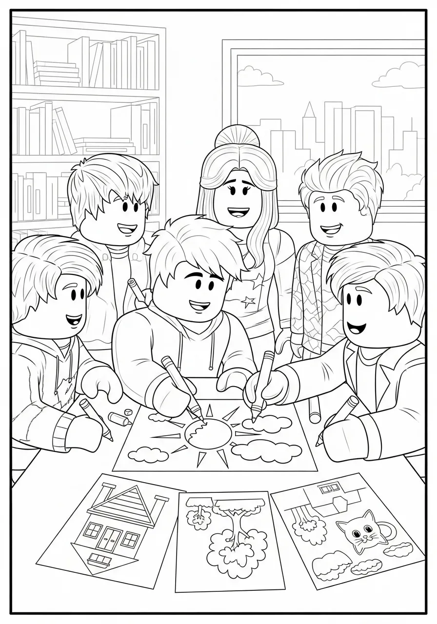 Desenho de crianças do Roblox se divertindo enquanto colorindo