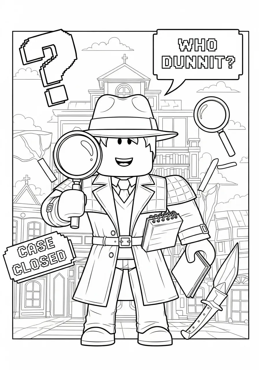 Desenho de um personagem detetive do Roblox segurando uma lupa e uma prancheta