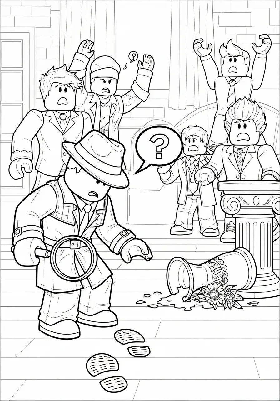 Desenho de um detetive em Roblox com personagens surpresos ao fundo, prontos para colorir.