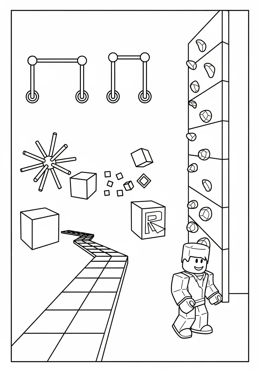 Desenho para colorir de um personagem do Roblox escalando uma parede de escalada com formas geométricas ao fundo.