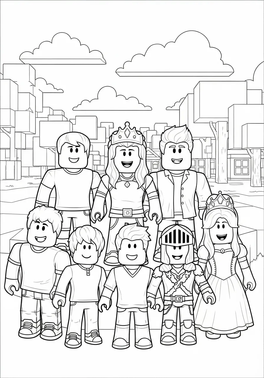 Desenho em preto e branco de personagens do Roblox em grupo para colorir