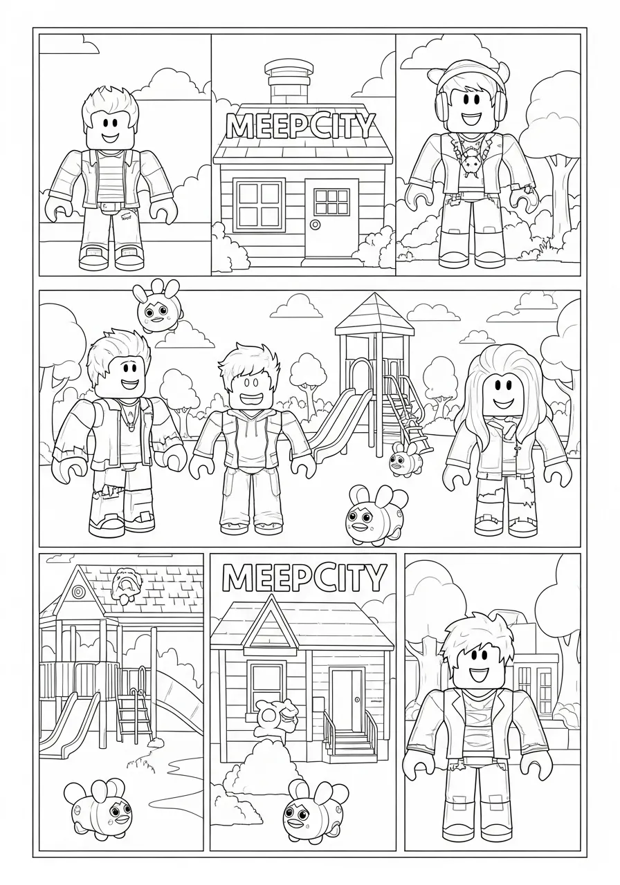 Desenho para colorir de personagens de Roblox em MeepCity com amigos e animais de estimação