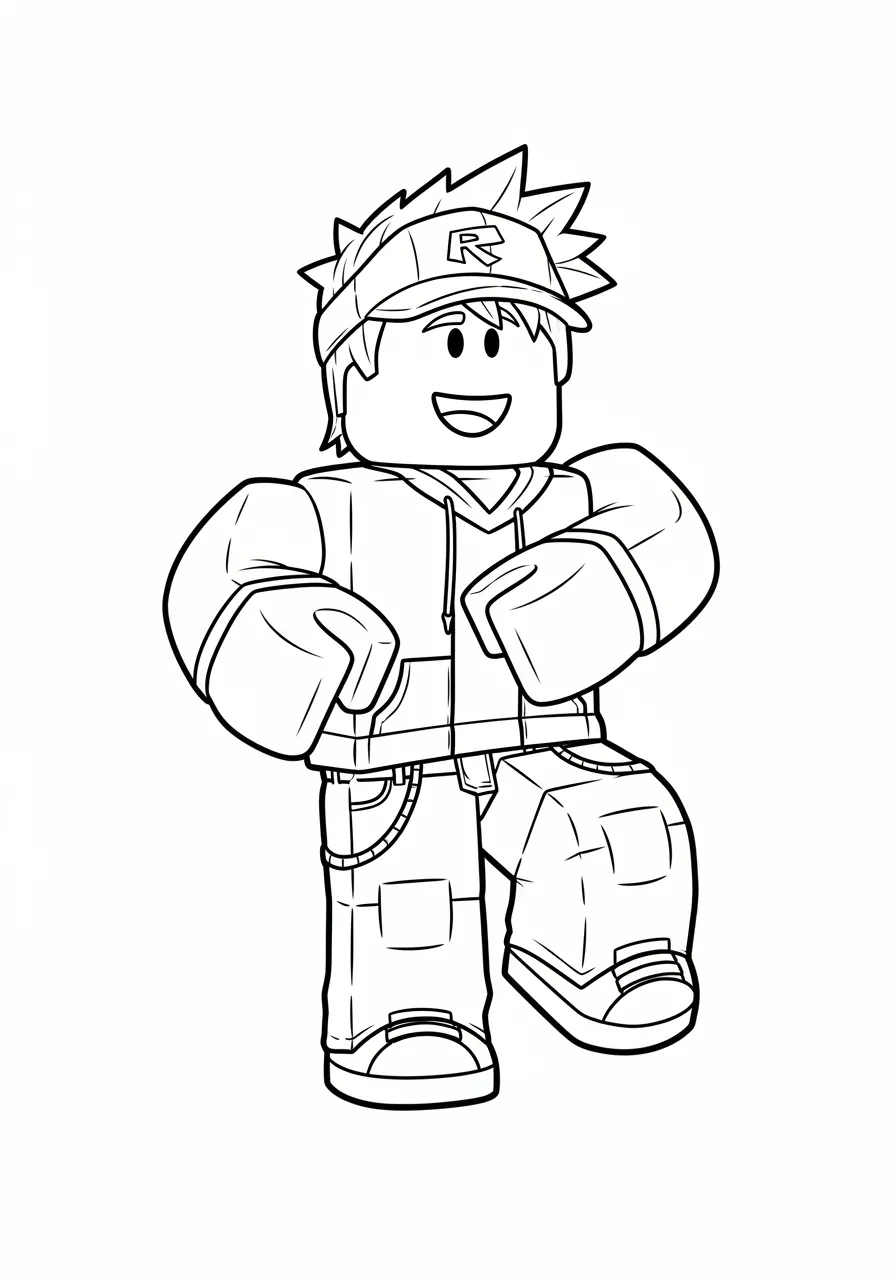 Desenho para colorir de um personagem masculino do Roblox com moletom e boné