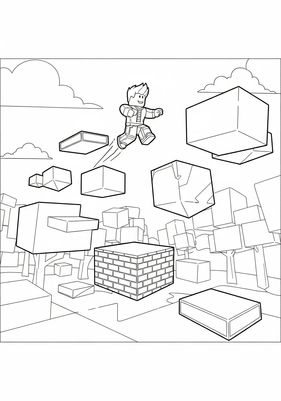 Desenho de um menino saltando entre blocos em um cenário de Roblox