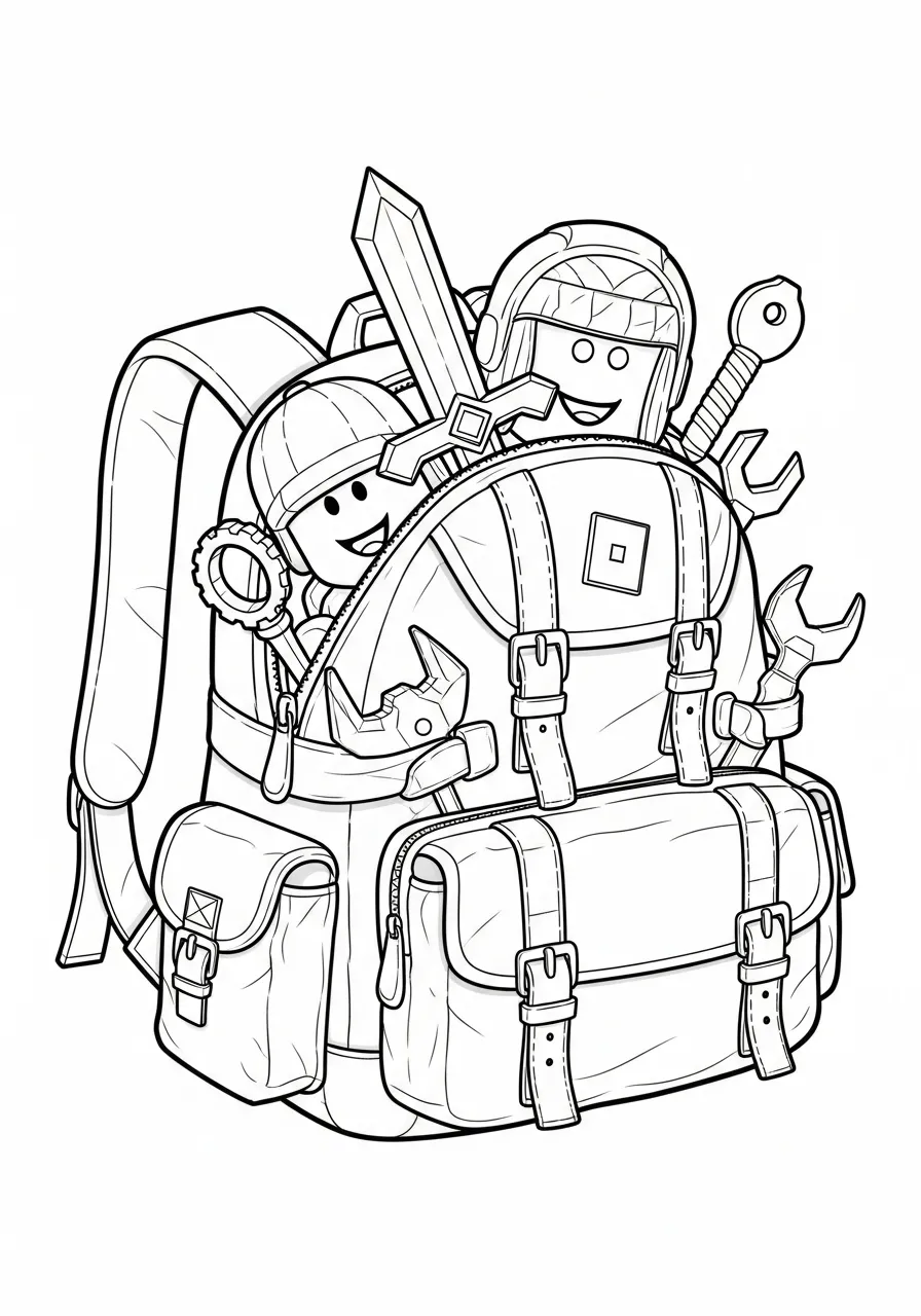 Desenho para colorir de uma mochila com personagens e ferramentas de Roblox