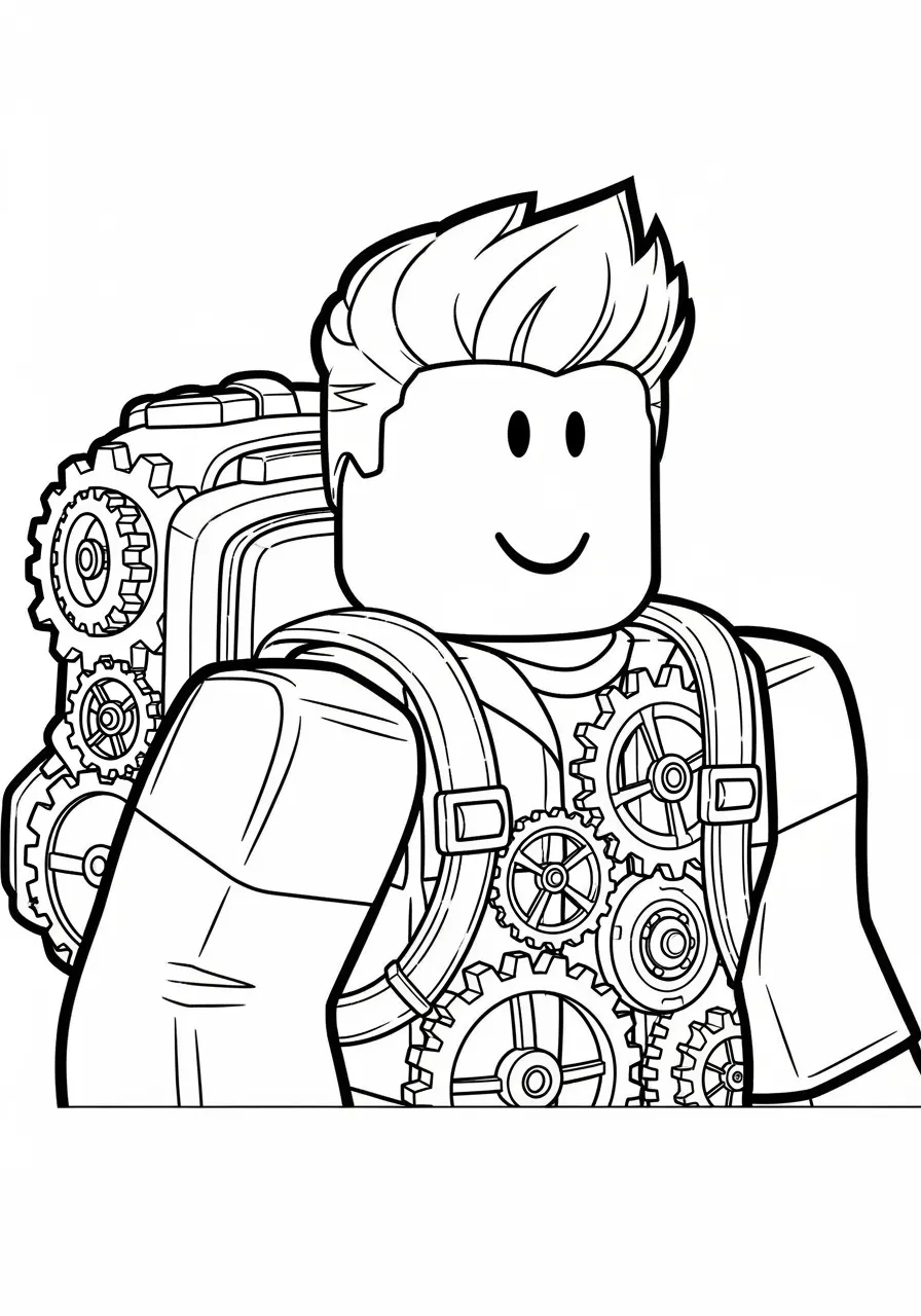 Desenho de um personagem do Roblox com mochila de engrenagens, pronto para colorir.