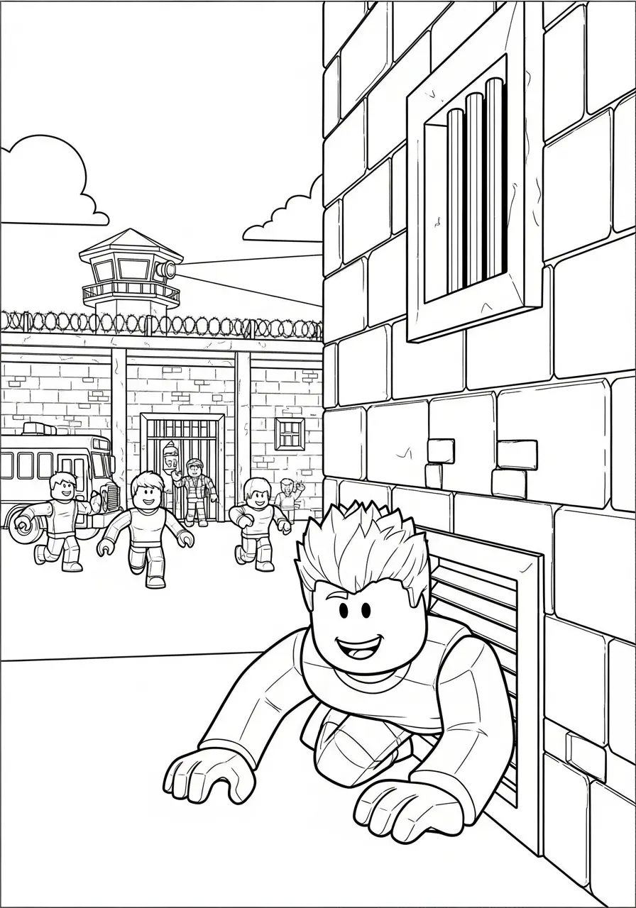 Desenho para colorir de um personagem do Roblox escapando de uma prisão