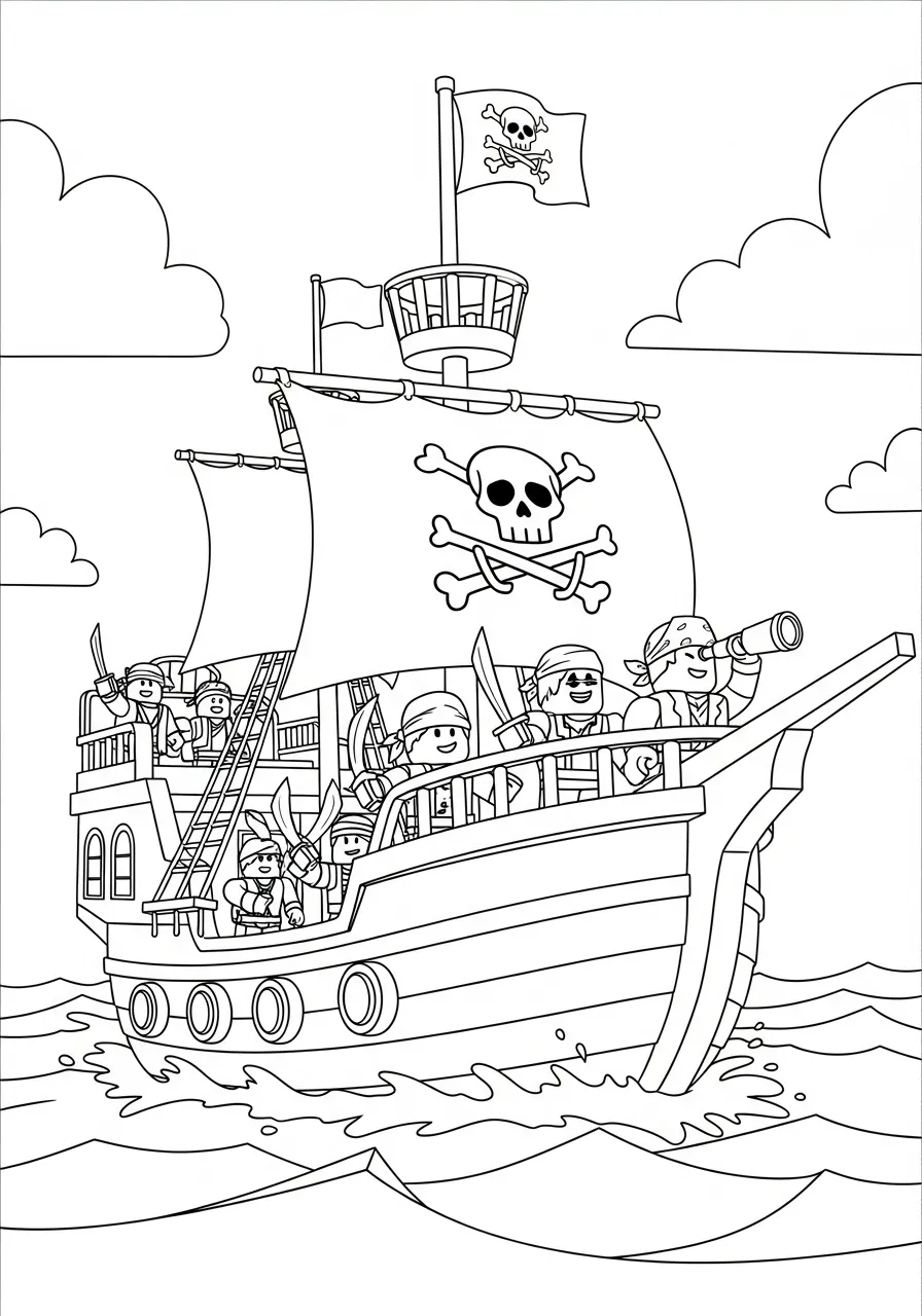 Desenho de um navio pirata com personagens de Roblox prontos para colorir