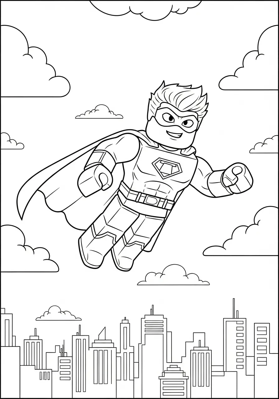 Desenho de um super-herói do Roblox voando sobre uma cidade