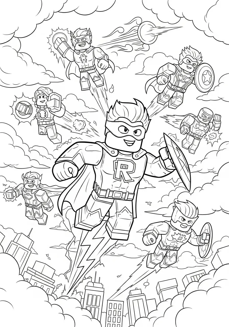 Desenho para colorir de super-heróis do Roblox em ação no céu