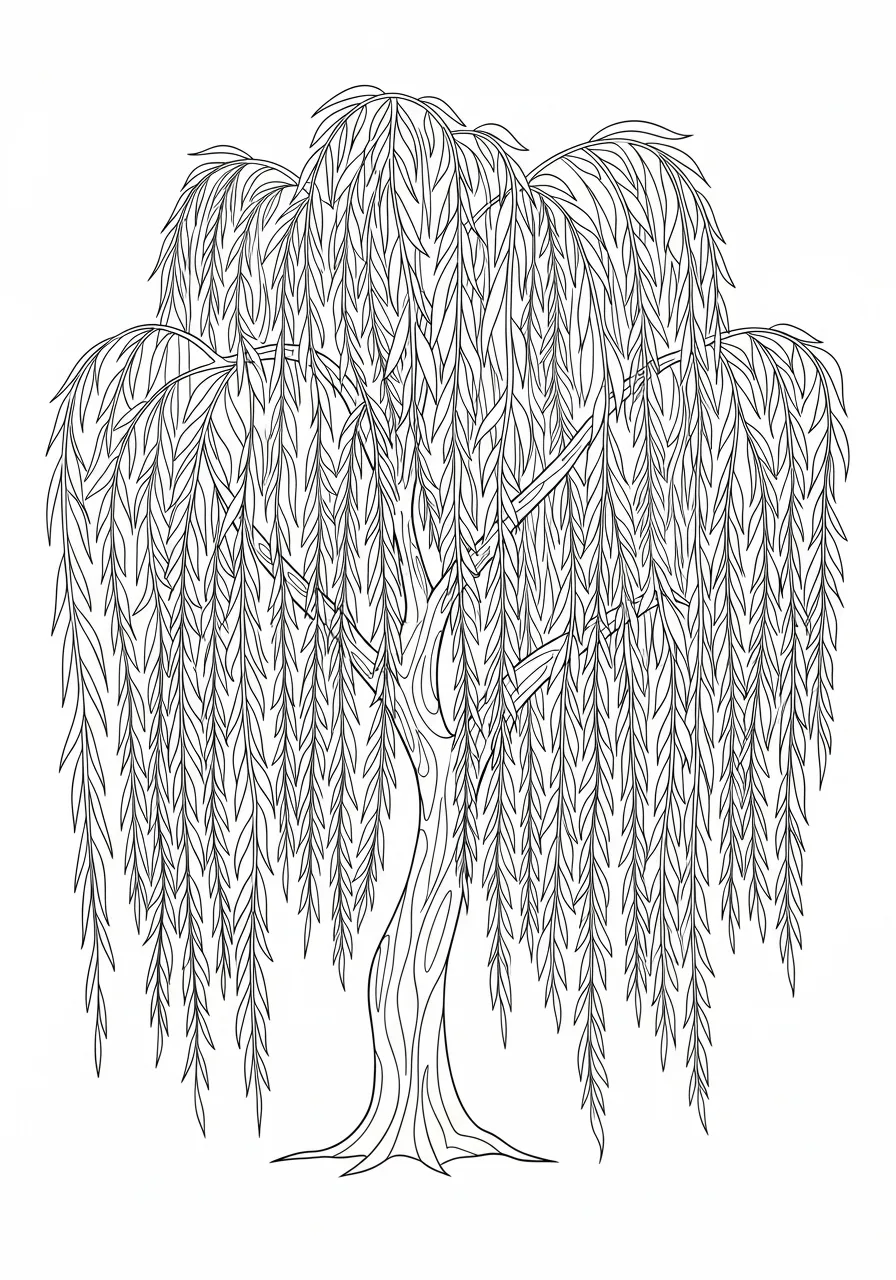 Desenho de um salgueiro chorão com galhos longos e folhas pendentes para colorir
