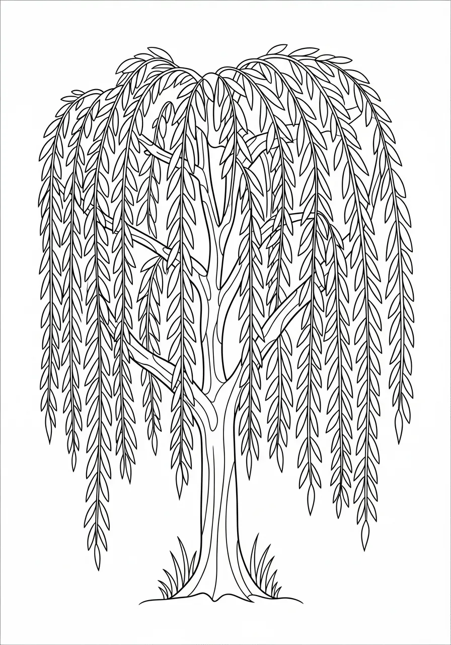 Desenho de um salgueiro-chorão com galhos pendentes para colorir