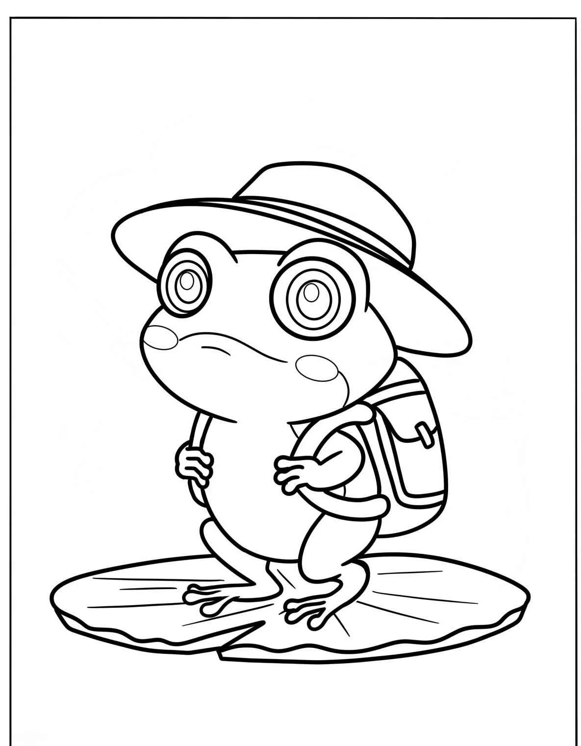 Desenho de um sapo com mochila e chapéu em uma folha de vitória-régia