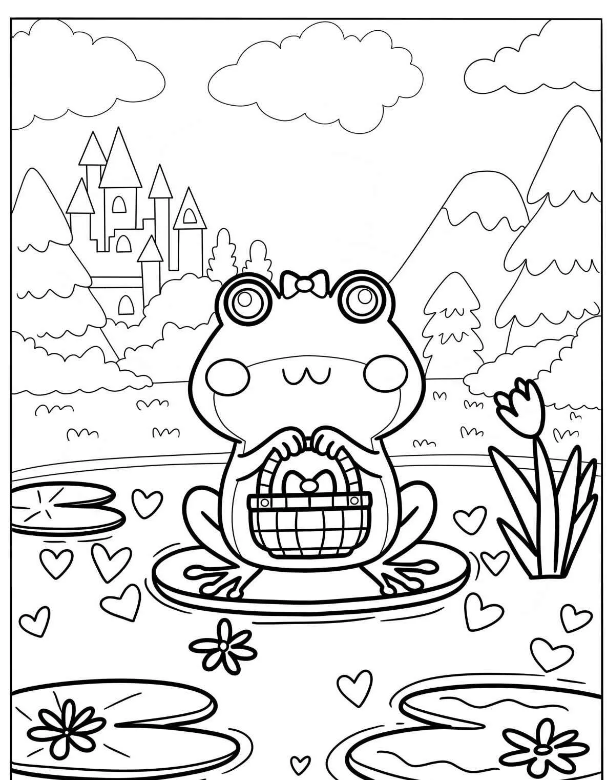 Desenho de um sapo fofo segurando uma cesta de ovos em um lago