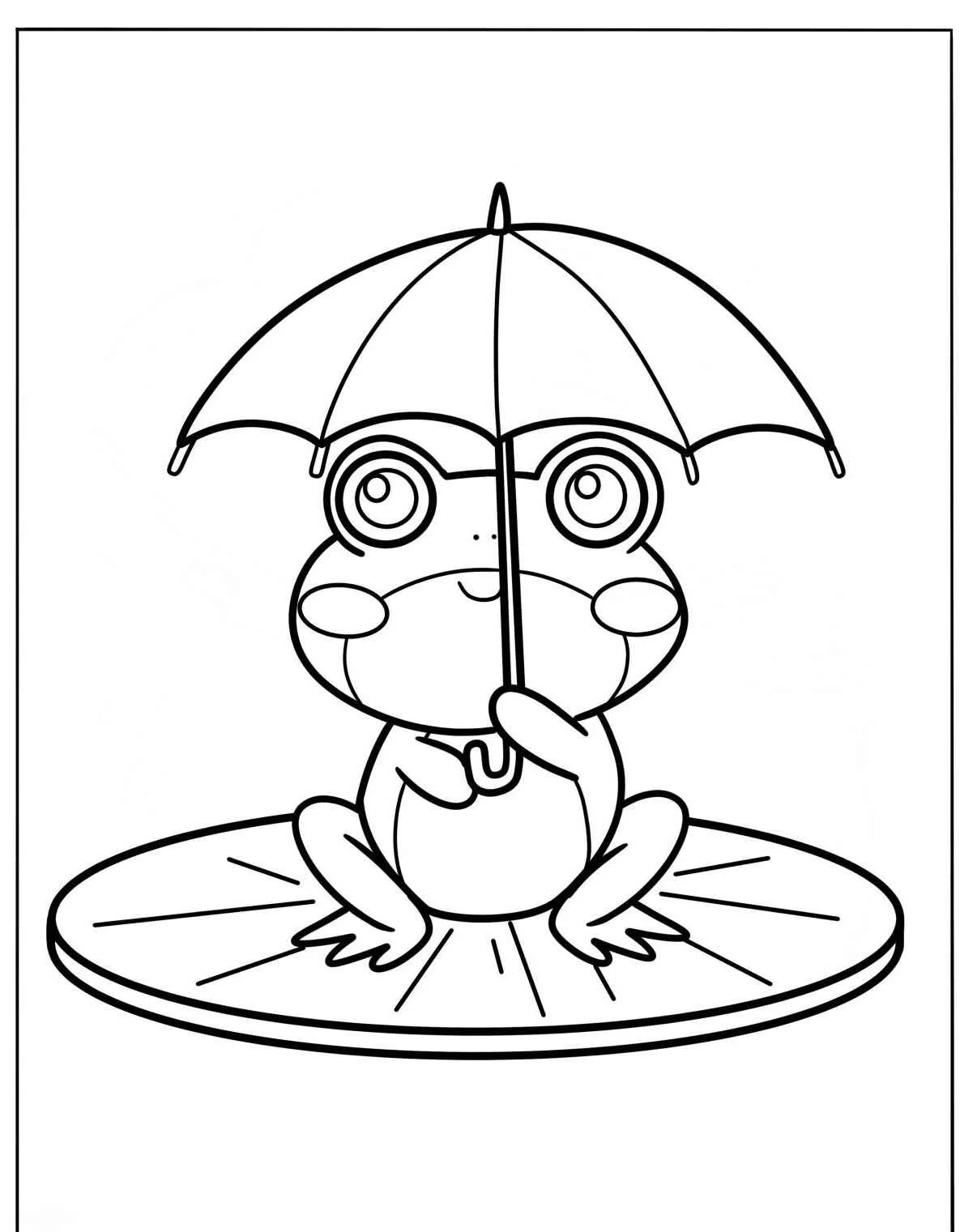 Desenho de um sapo fofo segurando um guarda-chuva em uma folha de vitória-régia