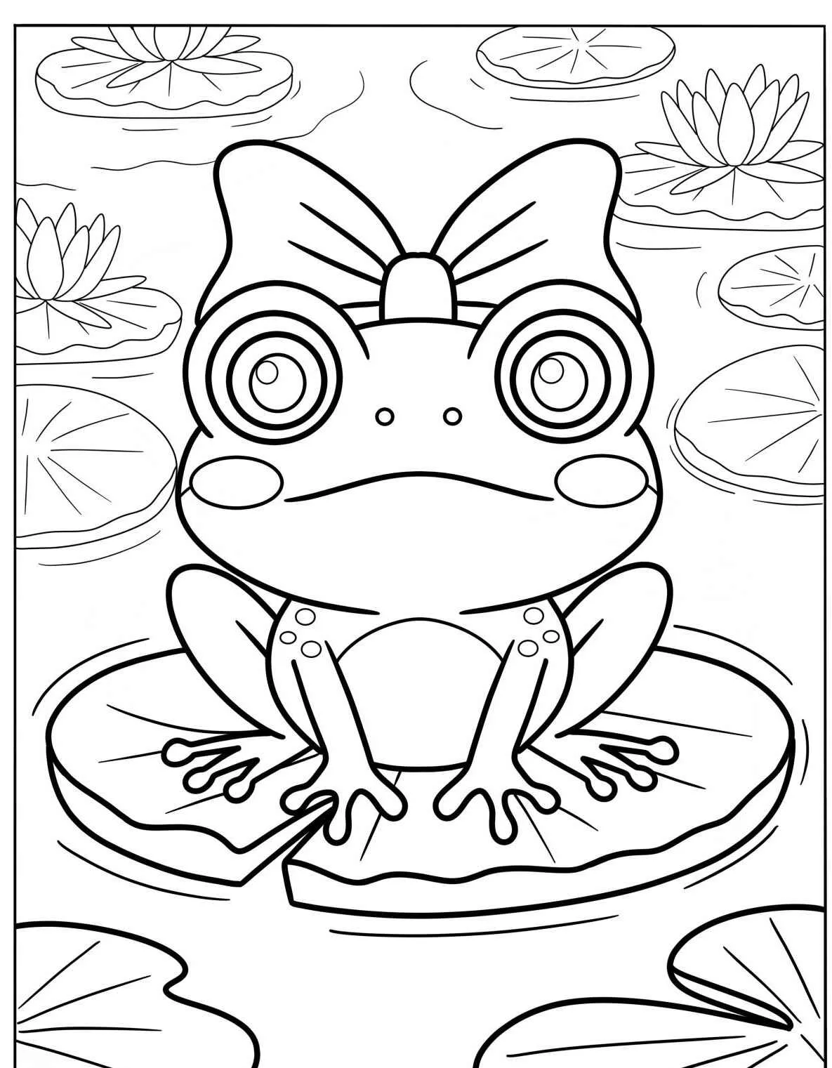 Desenho de um sapo fofo com laço em uma folha de vitória-régia