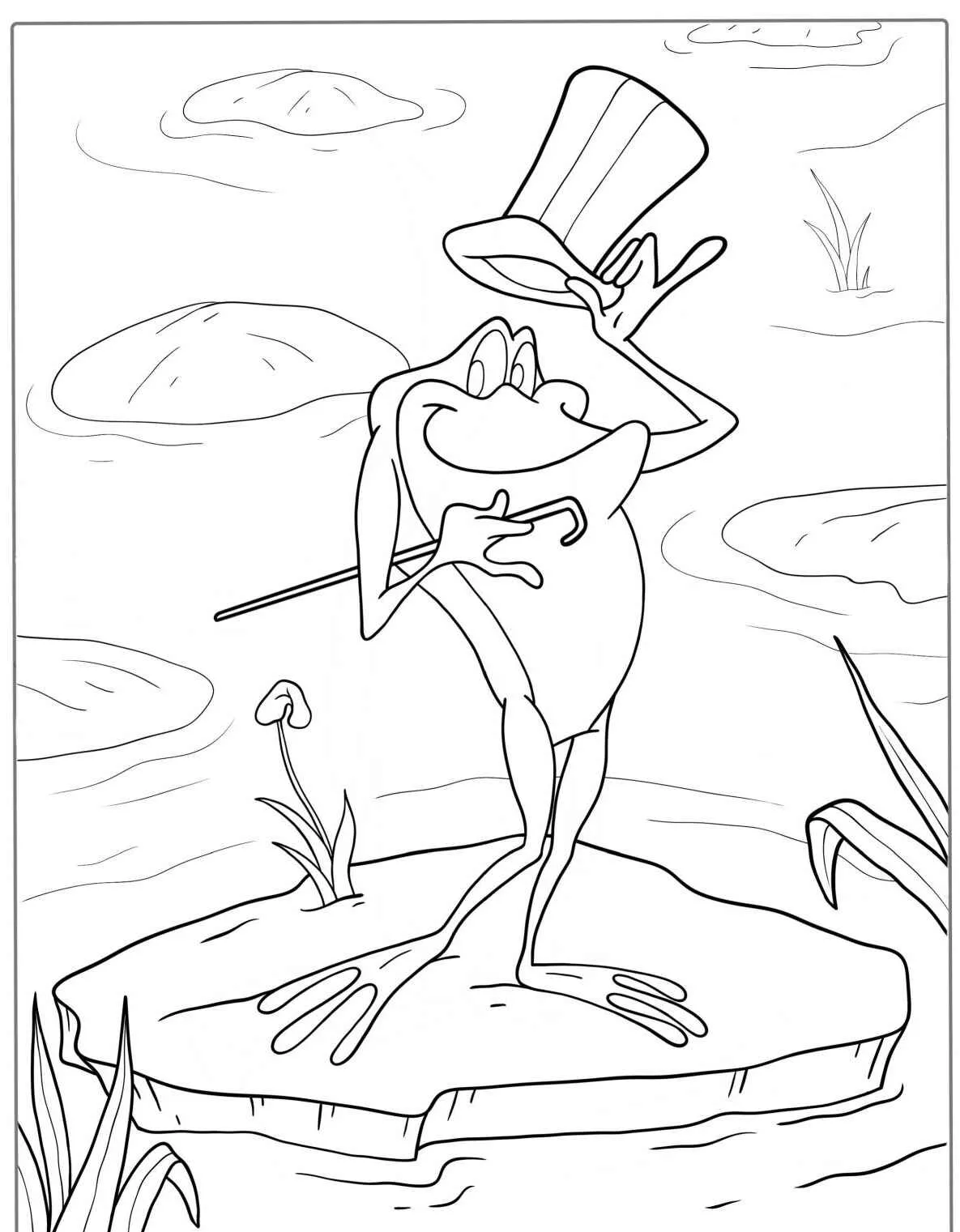 Desenho de um sapo elegante usando uma cartola em uma lagoa