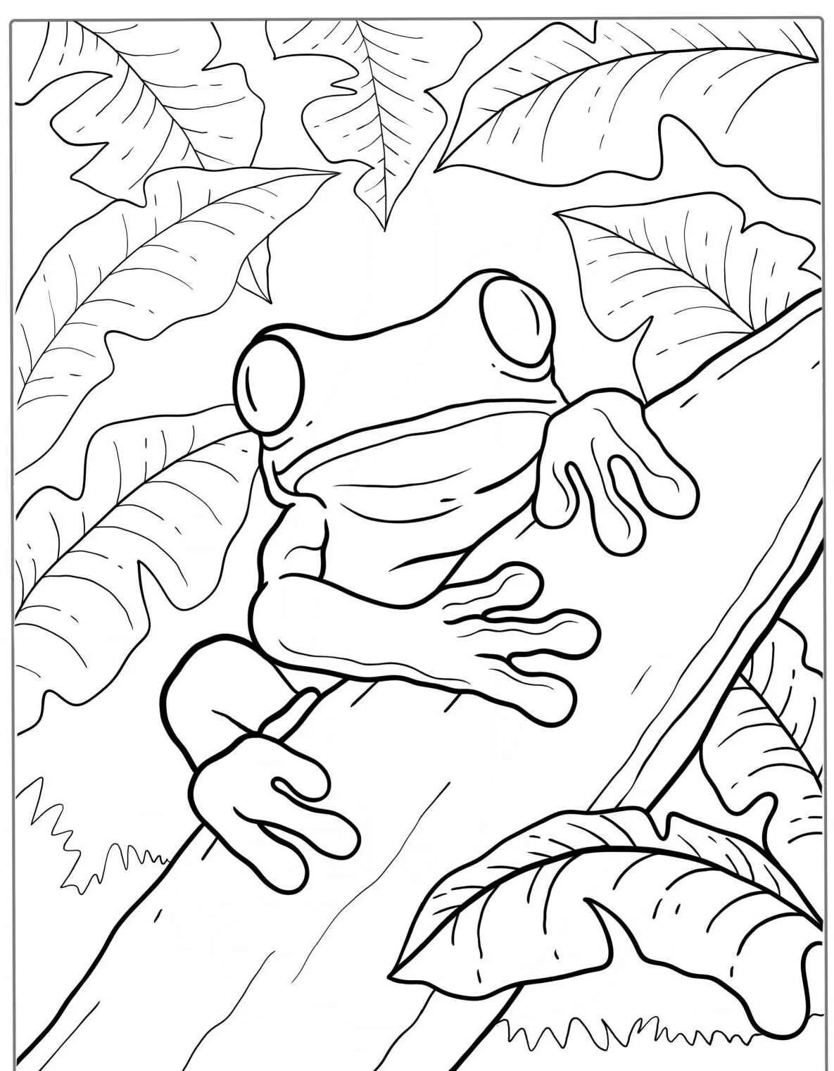 Desenho de um sapo em uma árvore rodeado por folhas para colorir