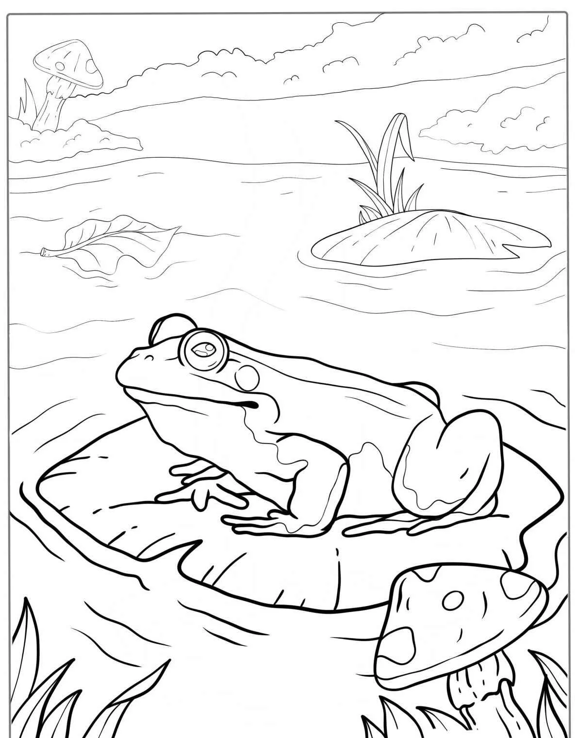 Desenho de um sapo sentado em uma flor de lótus em um lago