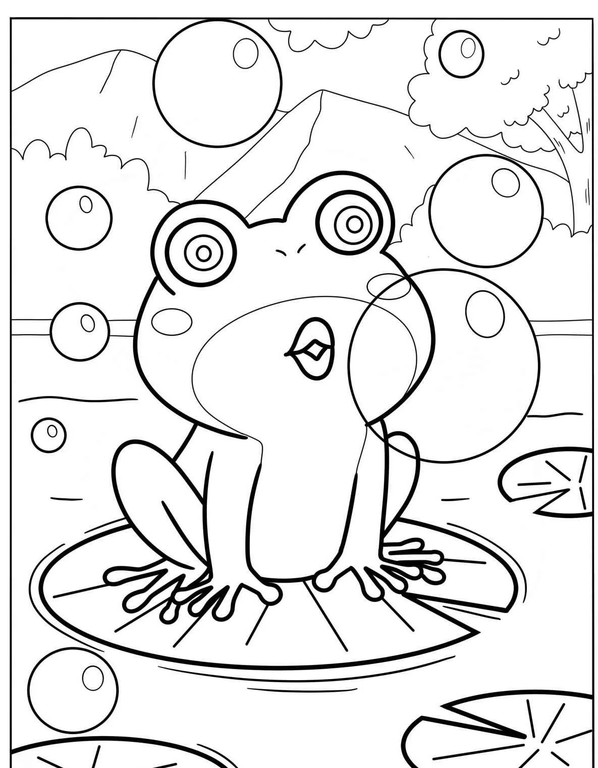 Desenho de um sapo em uma folha de vitória-régia com bolhas ao redor, pronto para ser colorido.