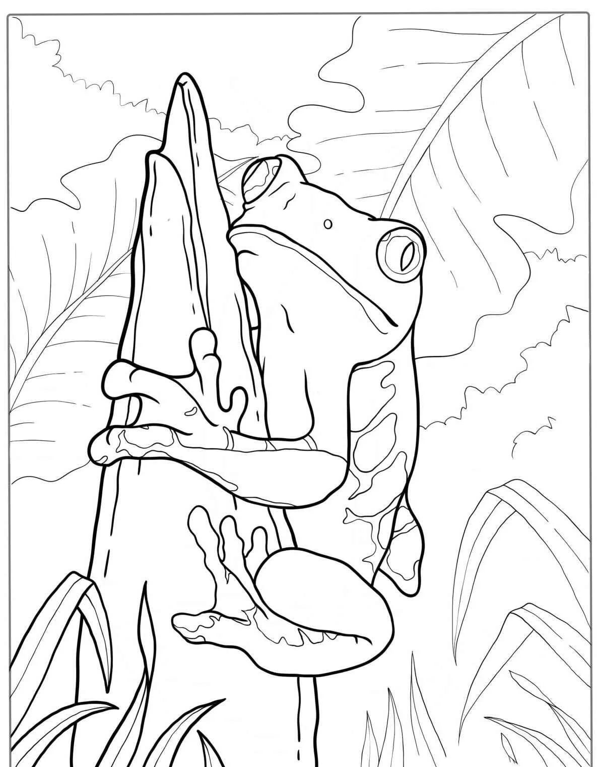 Desenho de um sapo escalando uma árvore, ideal para colorir