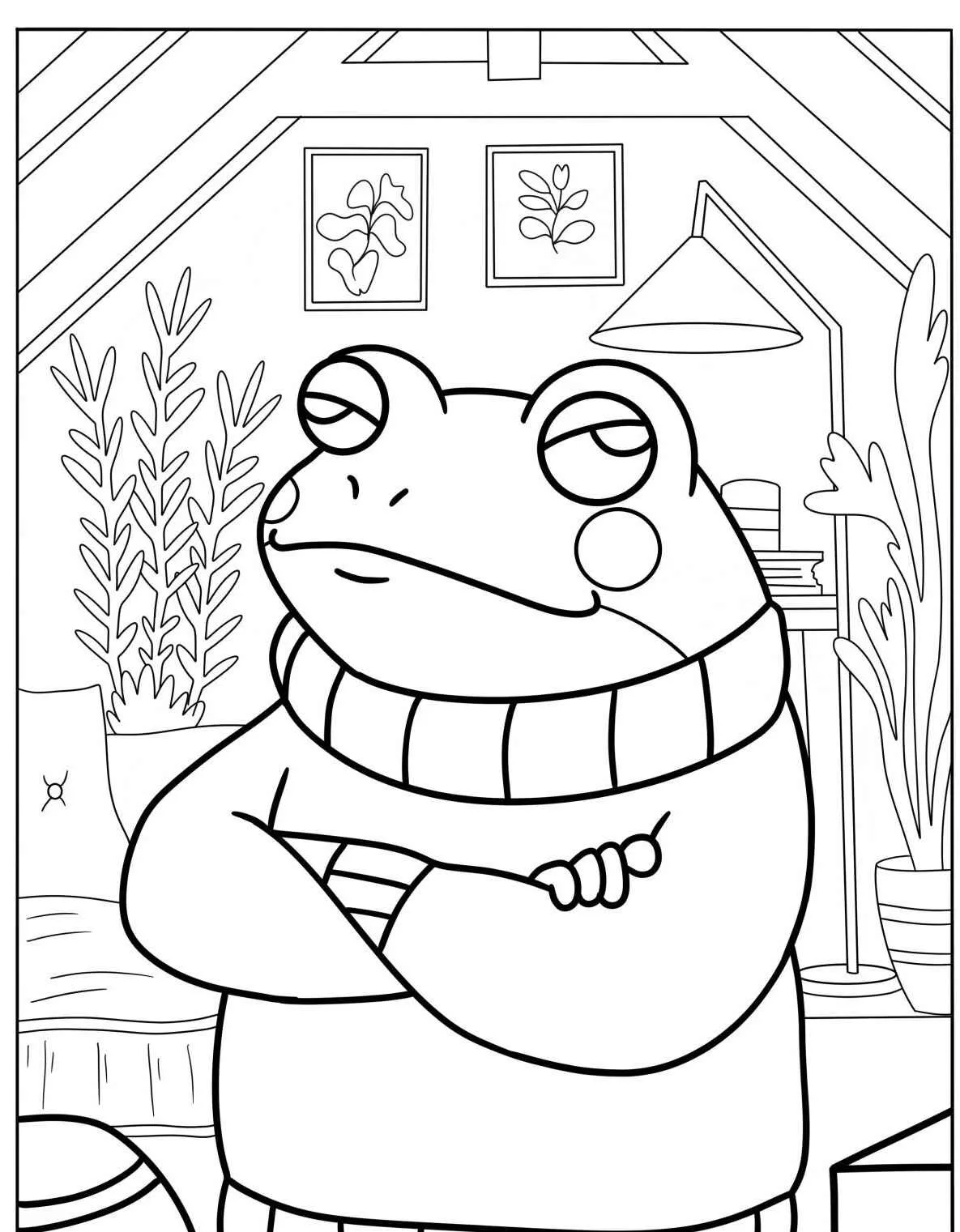Desenho de um sapo estiloso usando suéter, pronto para colorir
