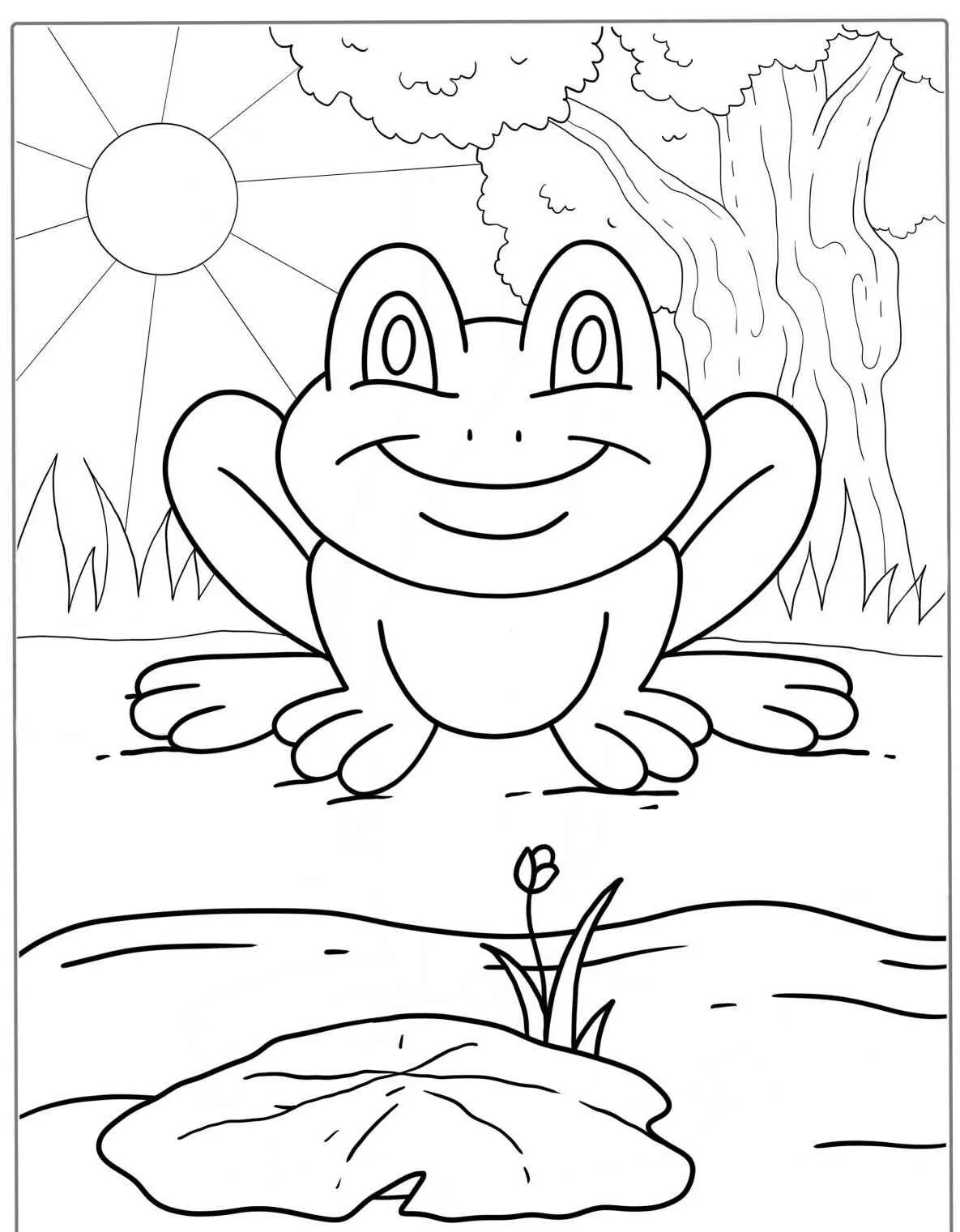 Desenho de um sapo sorridente em um cenário ensolarado para colorir
