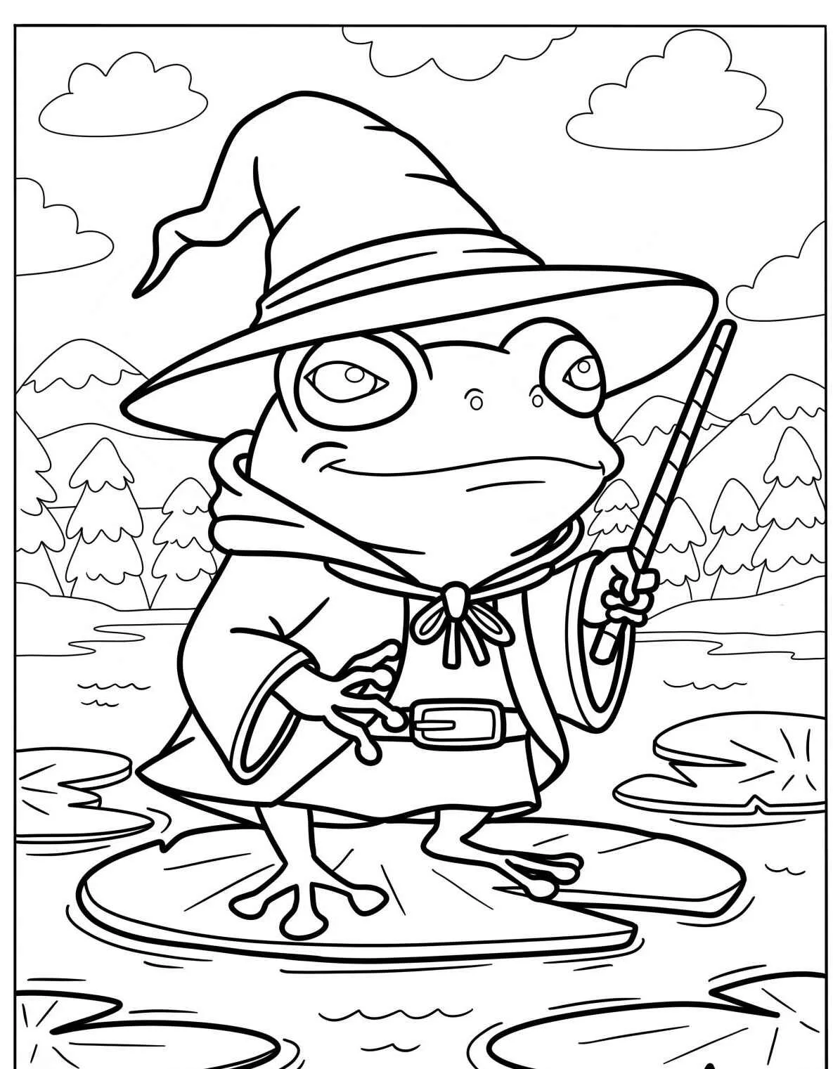 Desenho de um sapo mágico usando um chapéu de feiticeiro em um lago