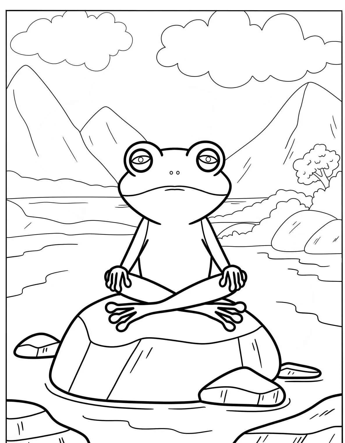 Desenho de um sapo meditando em uma pedra em um ambiente natural