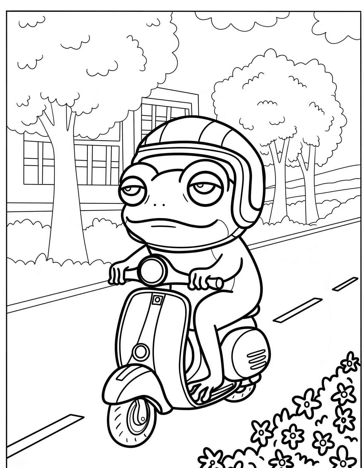 Desenho de um sapo usando um capacete e pilotando uma scooter