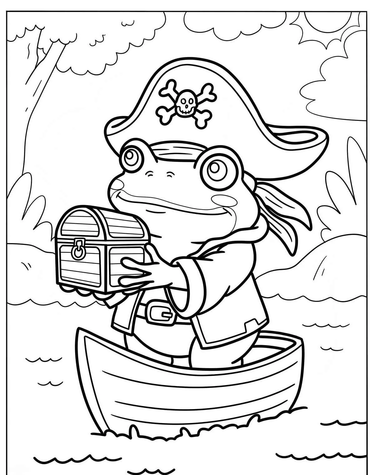 Sapo pirata segurando um baú do tesouro em um barco