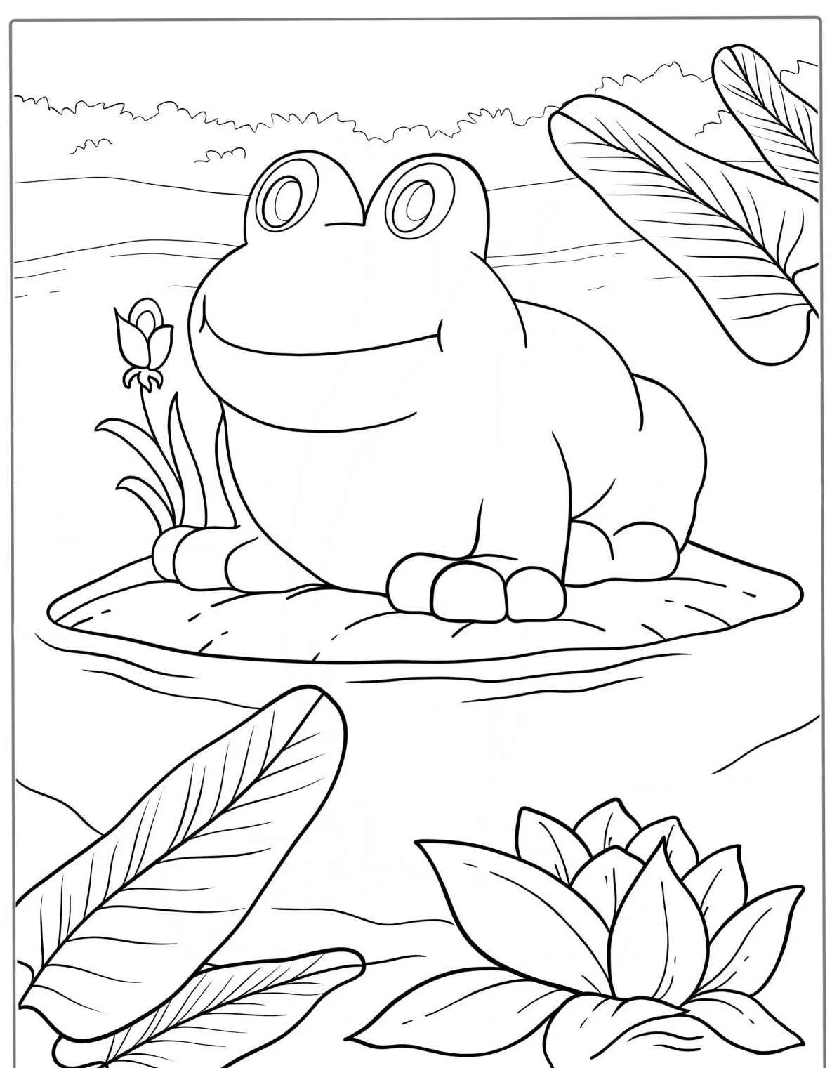 Desenho de um sapo sentado em uma pedra rodeado por plantas aquáticas