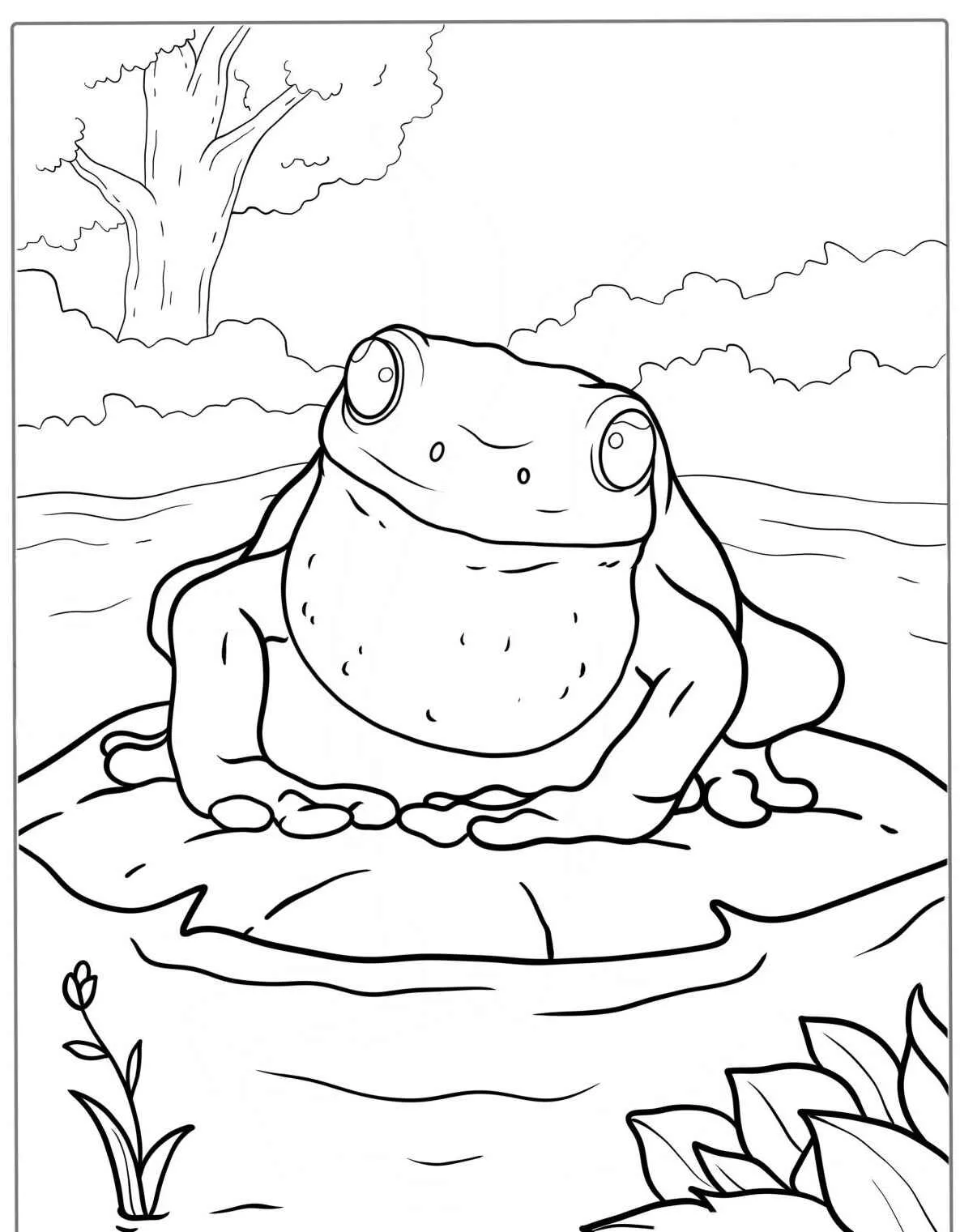 Desenho de um sapo sentado em uma pedra perto da água, pronto para ser colorido.