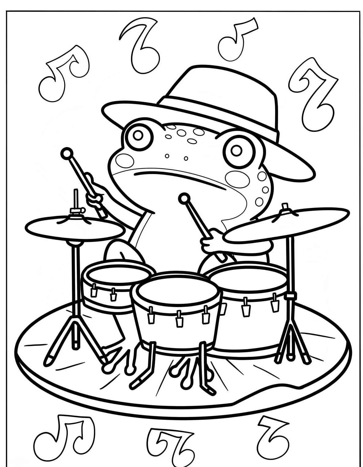 Sapo tocando bateria em uma página de colorir