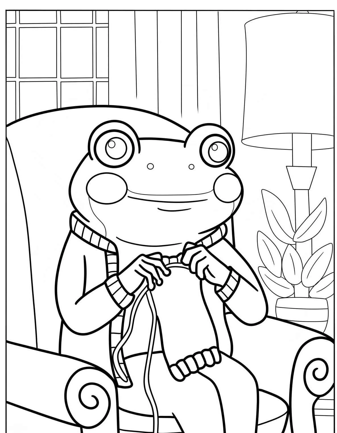 Desenho de um sapo tricotando em uma poltrona