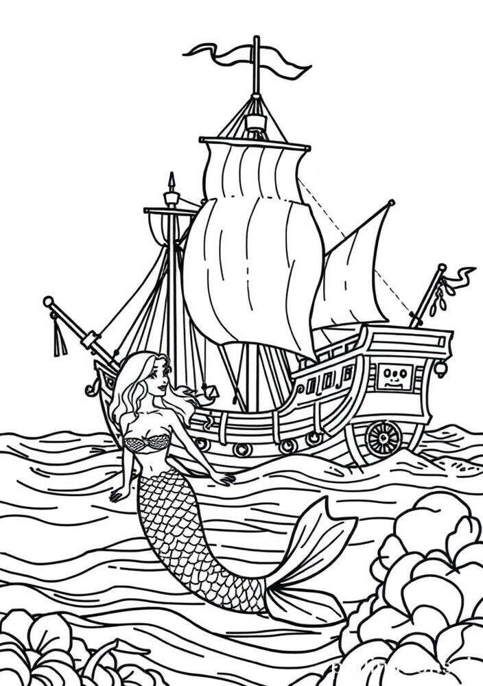 Sereia nadando ao lado de um barco pirata em um oceano