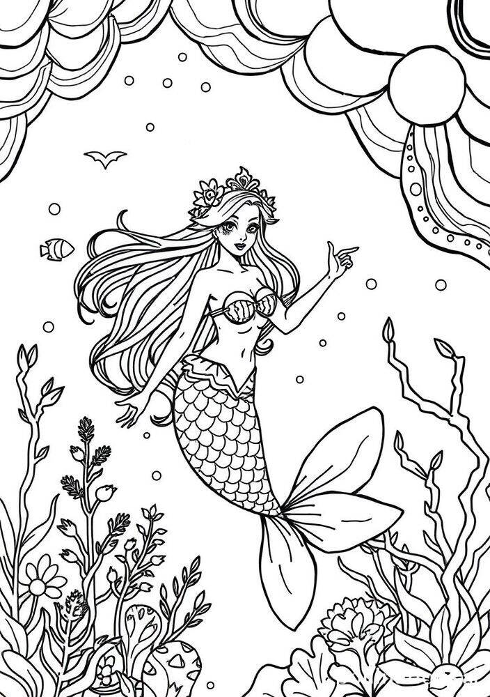 Desenho de uma sereia com cabelo longo e coroa de flores, rodeada por peixes e plantas marinhas.