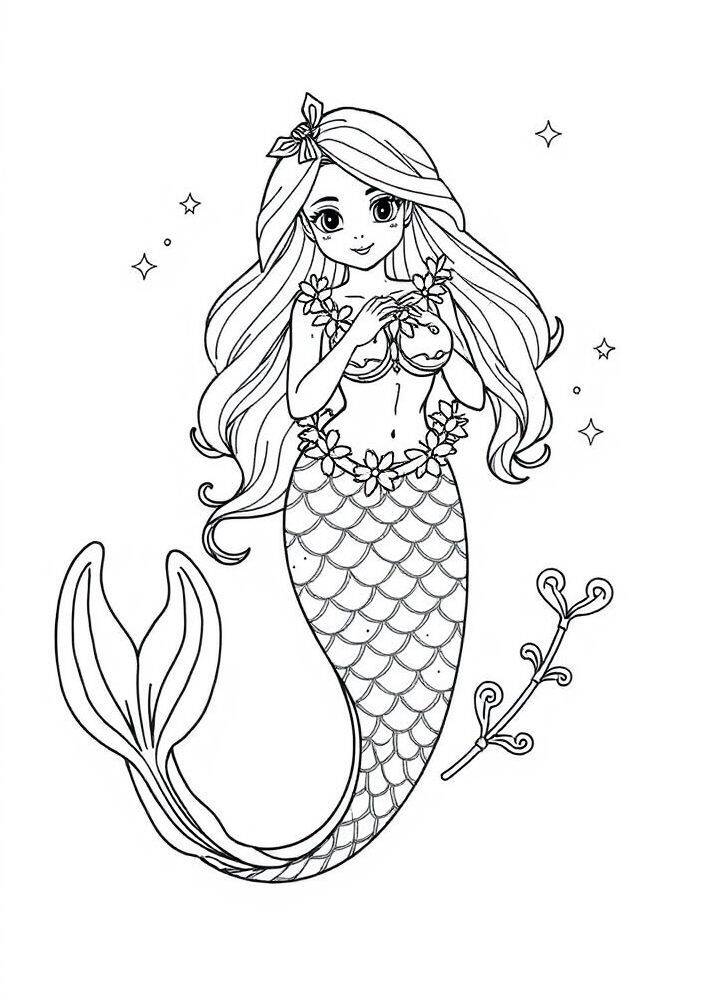 Desenho de uma sereia com cabelo longo e adornos de flores, segurando um objeto na mão, pronta para ser colorida.