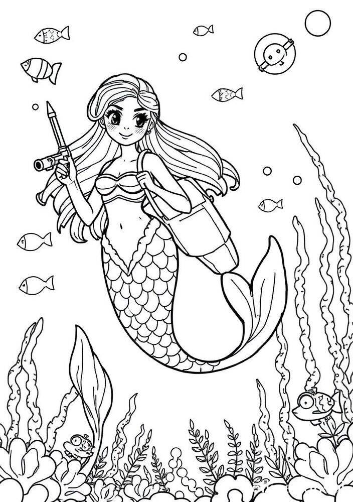 Sereia com equipamento de mergulho cercada por peixes e plantas marinhas