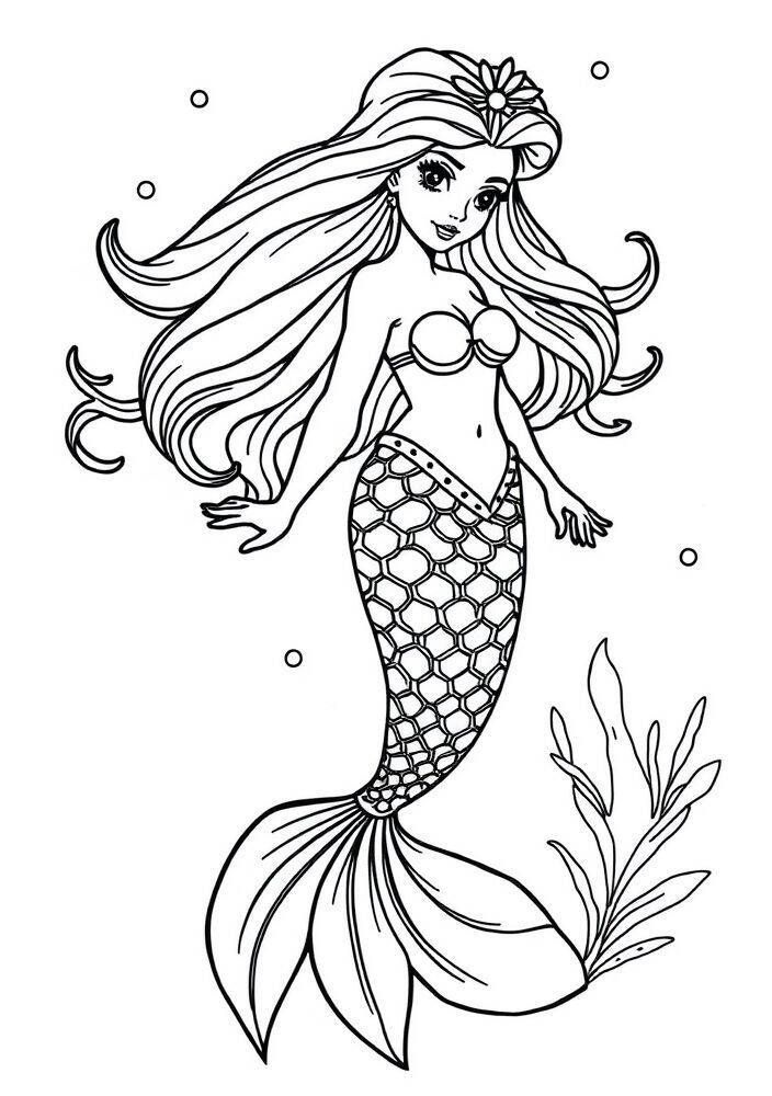 Desenho de uma sereia com cabelo longo e cauda detalhada, pronta para ser colorida.