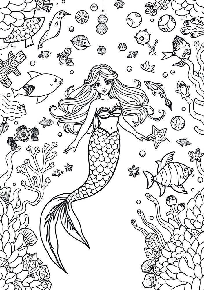 Sereia com cauda brilhante nadando entre peixes e corais no fundo do mar