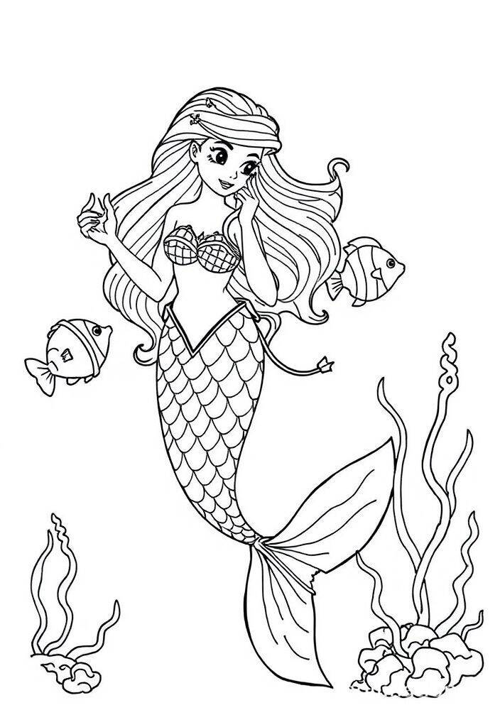 Desenho de uma sereia encantadora com peixes ao redor, pronta para ser colorida.
