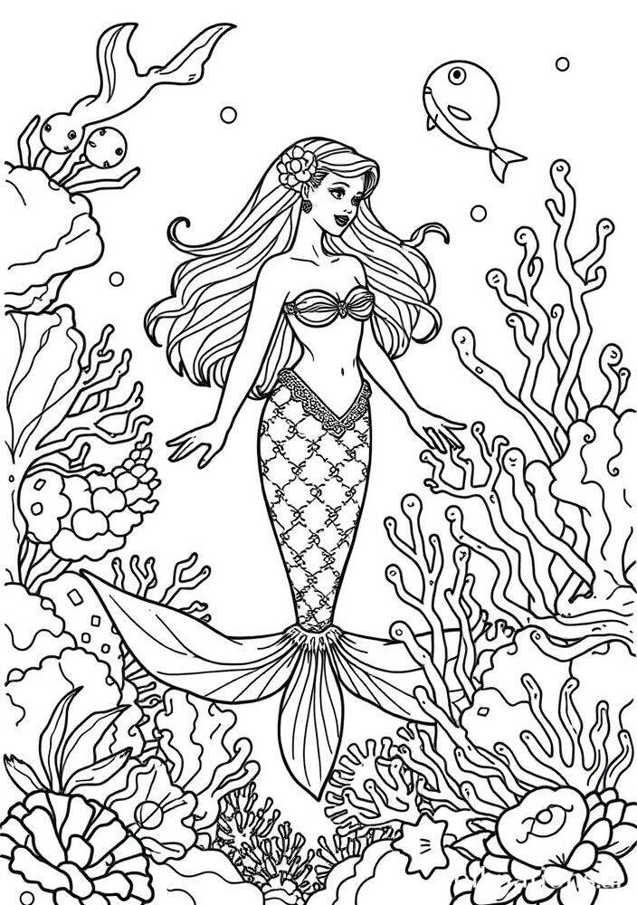 Sereia encantadora nadando entre corais e peixes no oceano