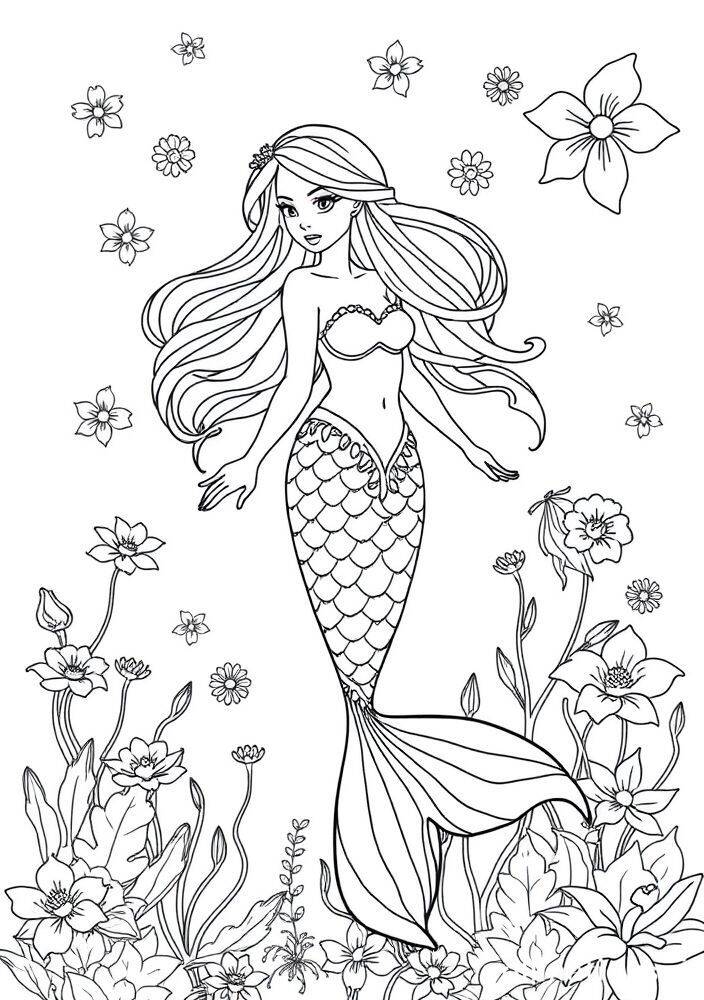 Sereia com longos cabelos e cauda detalhada, rodeada por flores e plantas marinhas.