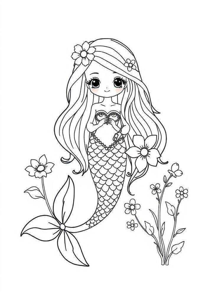 Desenho de uma sereia fofa com cabelo longo e flores ao redor para colorir
