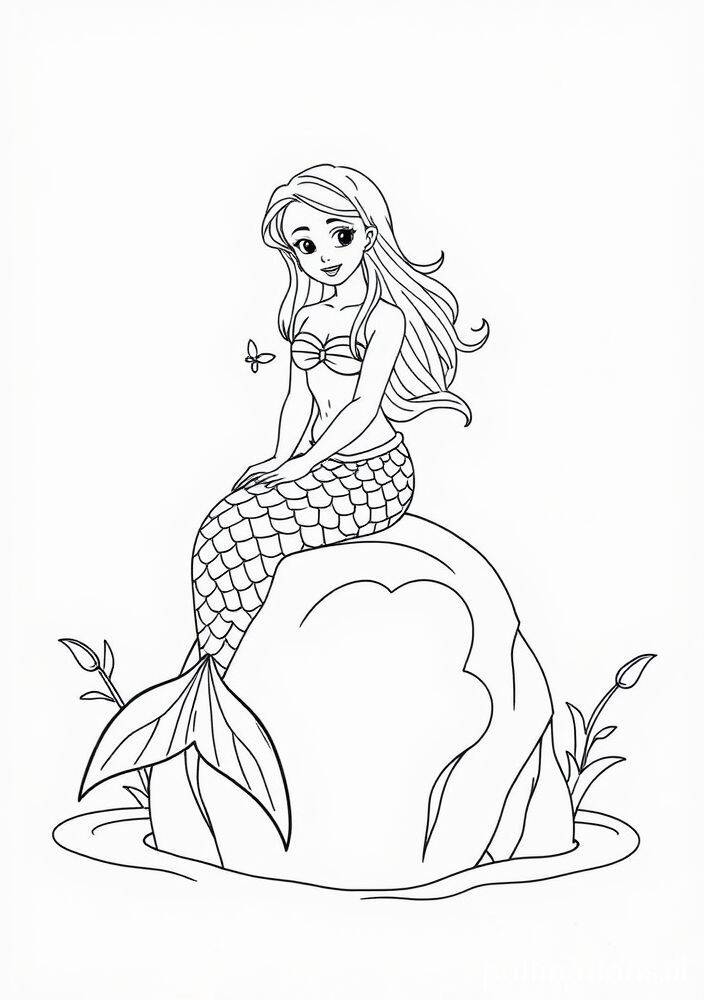 Desenho de uma sereia sentada em uma rocha, rodeada por plantas aquáticas, pronta para ser colorido.