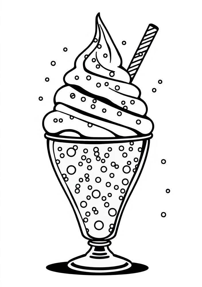 Desenho de um sorvete em taça com cobertura e canudo para colorir