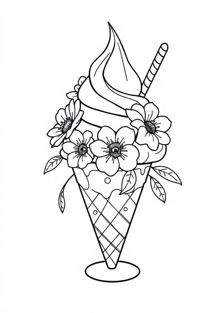 Desenho de um sorvete decorado com flores para colorir